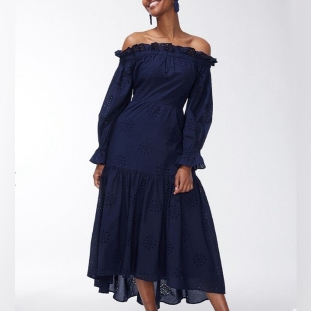 Chico's Navy Blue Off-Shoulder High-Low Eyelet Dress
